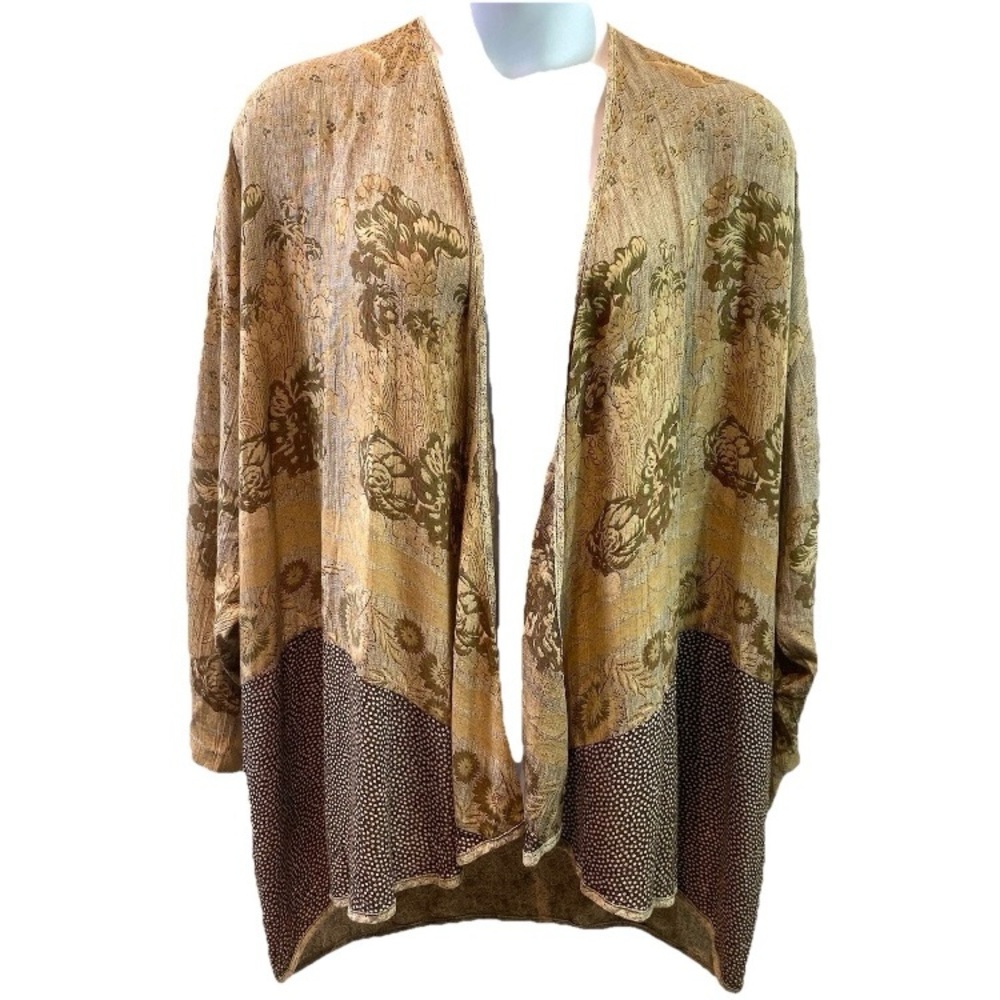 Vtg Bohemian Brown Beige Women’s Cardigan Floral Design Flowy Sz L